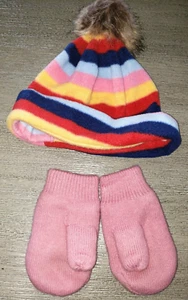 girls size 2 -5 THICK LINED PINK MITTENS stripe FLEECE HAT SMALL OLD NAVY cute! - Picture 1 of 2