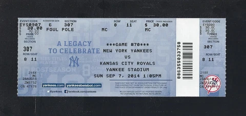 DEREK JETER RETIREMENT - 2014 MLB ROYALS @ NY YANKEES BASEBALL UNUSED TICKET Cover