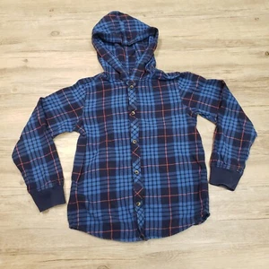Hanna Andersson Flannel Shirt Boys 8 Hooded Plaid Button Up Long Sleeve Blue - Picture 1 of 8