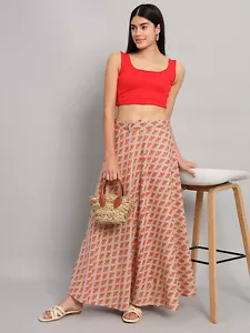 Woman Cotton Warp Skirt Beige Floral Print Long Rapron Dress Indian S To 3XL - Picture 1 of 8