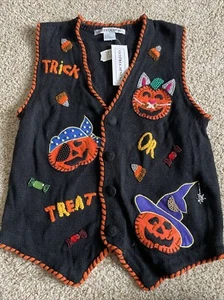 Vintage Victoria Jones Halloween Vest Sweater Size M Trick or Treat Cat Pumpkin  - Picture 1 of 6
