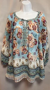 Anthropologie Figueroa Flower Top Womens Sz 2X Blue Mixed Floral Peasant Blouse - Picture 1 of 10