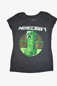 Minecraft Youth Girls Retro Creeper Print Charcoal Heather Shirt New M (7-8) - Picture 1 of 5