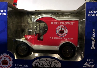 1:24 GEARBOX 1912 Ford Delivery Car, Truck Coin Bank Red Crown Gasoline   - Image 1 of 3