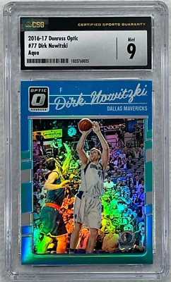 2016-17 Donruss Optic Dirk Nowitzki #77 Aqua Prizm Refractor 03/25 CSG 9 Mint - Image 1 of 4