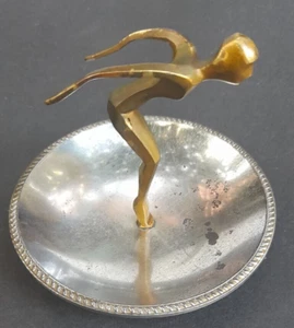 Art Deco Figurine Swimmer Diver Brass Chrome 4'' Dish Japan Astray Sport Trofee - Picture 1 of 9