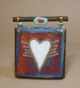 Jeremy Diller Raku Pottery Dreamcatcher Heart Mini Tile - Picture 1 of 4