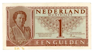Netherlands … P-72 … 1 Gulden … 1949 … (~): *XF+*😉Prefix "25 H" - Picture 1 of 2