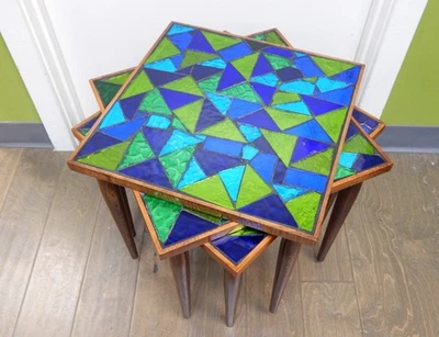Mid Century MCM Stacking Mosaic Tiled End Side Tables Georges Briard blue green - Image 1 of 4
