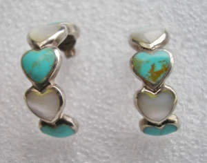 Lovely half hoop Sterling Silver earrings with MOP & Turquoise hearts - Picture 1 of 3