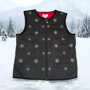 Chaleco Talbots Negro Brillante Copo de Nieve Navidad Vacaciones Cremallera Mujer’s Talla Pequeña Cálido - Imagen 1 de 9