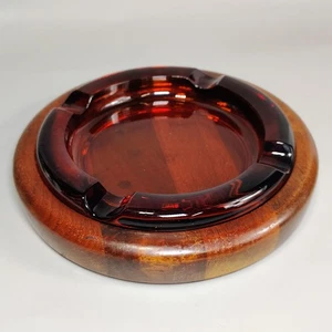 Duk-It McDonald Amber Glass Cigarette Cigar Ashtray 8" VTG Walnut Wood Base 1950 - Picture 1 of 18