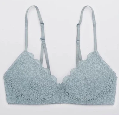 Aerie Real Happy Wireless Lightly Lined Bra Women’s Size 32 D Floral Lace Blue - Image 1 of 4