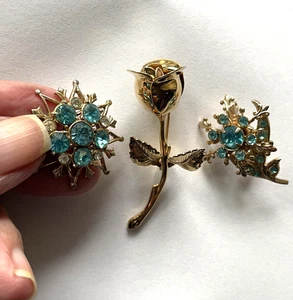 Vintage, Two Coro Brooches and One Monet Rose, Gold Toned, Rhinestones - Picture 1 of 9