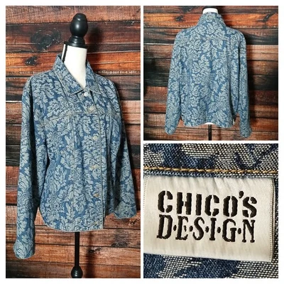 Chicos дизайн Jean куртка размер 3 США 16 винтажный цветочный жаккард синий джинсовой ткани  - Изображение 1 из 4