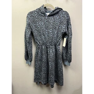 Nordstrom Hooded Dress Girls Large 10-12 Blue Del Mar Leopard Long Sleeve NEW - Picture 1 of 7