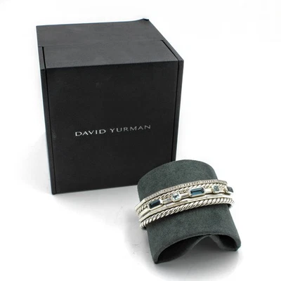 David Yurman Topázio Esterlina Pavê Diamantes Bracelete de Punho Empilhado com Caixa #S4102-1 - Imagem 1 de 4
