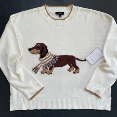 NUEVO Suéter Dachshund Con Bufanda Caligrafía Marfil Marrón Adorable XL Foto 1 de 4