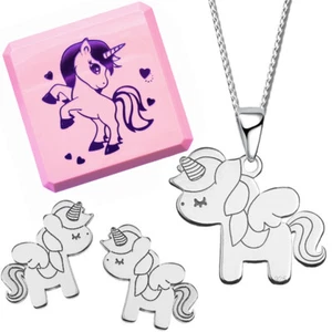 Halskette mit Anhänger Ohrstecker Ohrringe Pferde Einhorn 925 Silber für Kinder - Bild 1 von 11