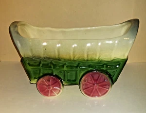 Cute Vintage Green & Gray Covered Wagon Ceramic Planter with Pink Wheels - Picture 1 of 5