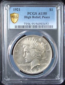 1921 High Relief Peace Silver Dollar - PCGS AU 55 - Gold Shield - Picture 1 of 5