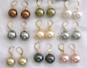 Wholesale 9 Pairs 10mm Multicolor Shell Pearl Round Beads Dangle Gold Earrings - Picture 1 of 6