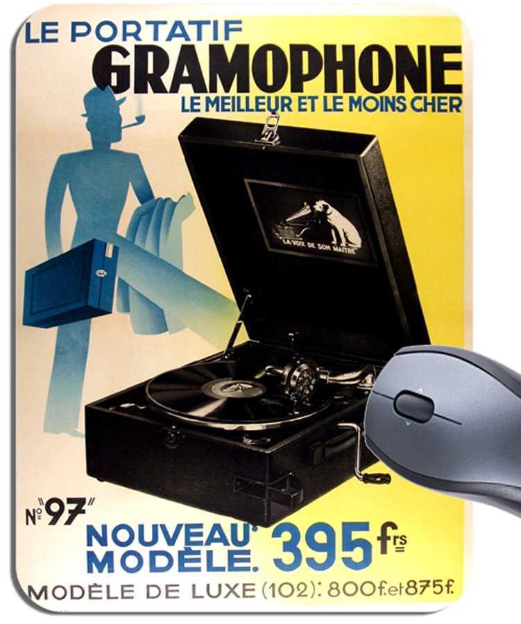 Vintage Portable Gramophone Poster Mouse Mat. Mini Record Player Ad Mouse Pad - Image 1 of 1