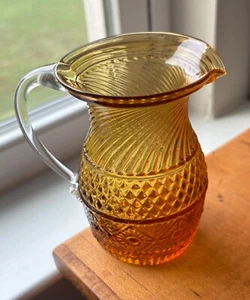 Vintage Amber Diamond & Sun Pattern Creamer 4” Tall Hand-Blown Applied Handle - Picture 1 of 7