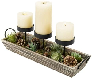 MyGift 3 Pillar Metal Candle Holders with Torched Wood Tray and Faux Pine Cones - Picture 1 of 7