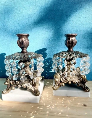 Vintage Hollywood Regency Brass Marble Crystal Victorian Candlestick Holders - Image 1 of 4