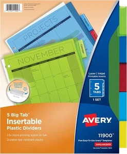 Avery Dividers for 3 Ring Binders, 5-Tab Plastic Binder Dividers, Insertable Big - Picture 1 of 8
