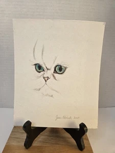 Original Colored Pencil Drawing Cranky Cat Green Eyes Signed 2007 - Picture 1 of 6