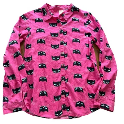 Faded Glory Girls Sz 14/16 Pink Button Up Shirt Black Retro Cats - Image 1 of 4