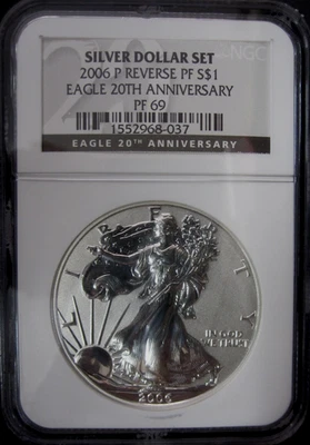 2006-P REVERSE PROOF SILVER EAGLE NGC PF69 FROM 20TH ANNIVERSARY SET BLACK LABEL - Image 1 of 3