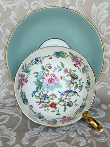 Aynsley Birds Of Paradise Sage Green Wide Mouth Cup & Saucer. England. Vintage - Bild 1 von 22