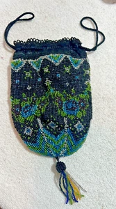 Victorian Micro Beads Pouch Reticule Bag Black Blue Green Pull String Vintage - Picture 1 of 8