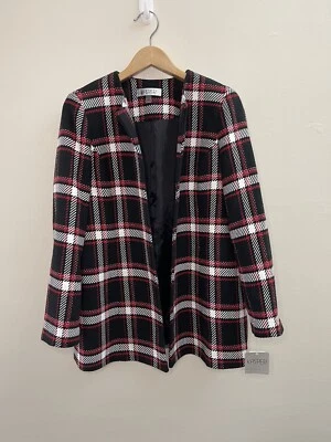 Gabardina Kasper Coat Mujer Cuadros Negro Rojo Frente Abierto Forro Pesado 12 $119 Foto 1 de 4