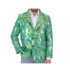 Adult Mens Grn Holiday Ugly Christmas Sequin Xmas Tree Lights Blazer Suit Jacket - Picture 1 of 12
