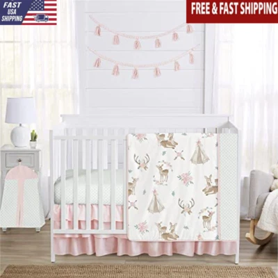 Boho Woodland Ciervo Floral Bebé Niña Cuna Juego de Ropa de Cama 4 Piezas Microfibra Hogar Nuevo Foto 1 de 4