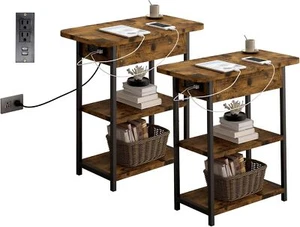 2x Narrow Sofa End Table Nightstand Wood Bedside Table &Charging Station Shelves - Picture 1 of 7