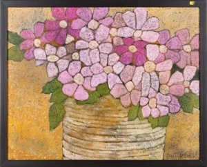 Oris Robertson, 'Purple flowers' Modern Still Life Oil on Canvas Painting - Picture 1 of 7