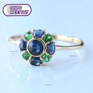 14k Yellow Gold Natural Blue Sapphires & Tsavorite Floral Engagement Band Ring - Picture 1 of 7