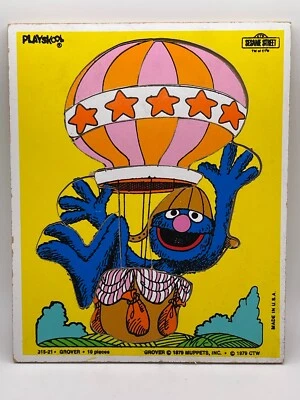 Bandeja de madera vintage 1979 Playskool Sesame Street Grover rompecabezas globo aerostático Foto 1 de 4