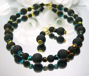 2er SCHMUCKSET Kette Halskette Armband Ohrring schwarz Glasperlen marmorier 449v - Bild 1 von 6