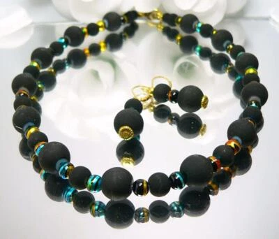 2er SCHMUCKSET Kette Halskette Armband Ohrring schwarz Glasperlen marmorier 449v - Bild 1 von 4