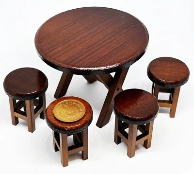 Dolls House Folding Wooden Table And 4 Stools 1:12 Scale Miniature Round tumdee - Image 1 of 4