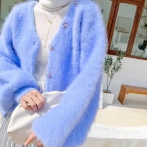 Korea Warm Faux Mink Velvet Fur Lantern Sleeve Cardigan Sweater Jacket Womens - Picture 1 of 27