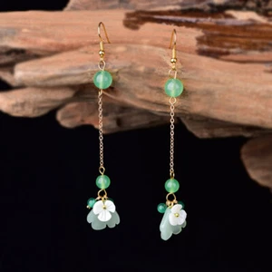 Grüne Jade Blume Ohrringe Geschenke 925 Silber Charms geschnitzt Schmuck Natur Damen - Bild 1 von 5