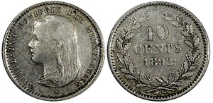 Niederlande Wilhelmina I Silber 1892 10 Cent dünner Kopf 1. Jahr KM# 116 (664) - Bild 1 von 3