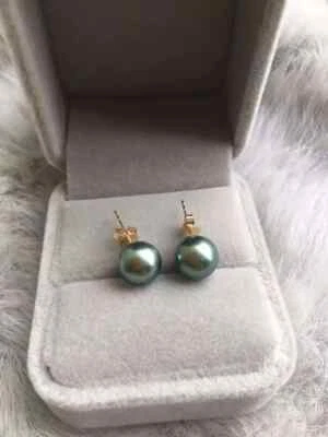 New 8-9mm AAA black green round  natural tahitian pearl earrings 14k gold - Image 1 of 4